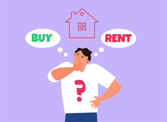buy or rent home choice thinking man making decision vector illustration