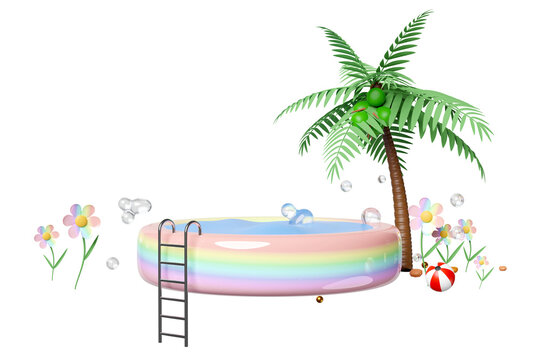 3d inflatable pool with palm tree, beach ball isolated. summer decorate concept, 3d render illustration