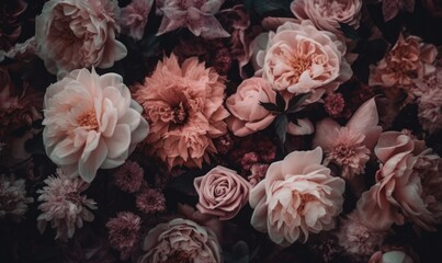 A close up photograph of a bouquet of pink and lavender flowers, in the style of muted, earthy tones, vintage aesthetics, light pink and dark emerald, light pink and light brown