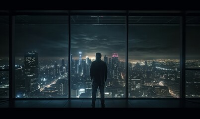 Fototapeta na wymiar A man standing in front of windows to view city at night