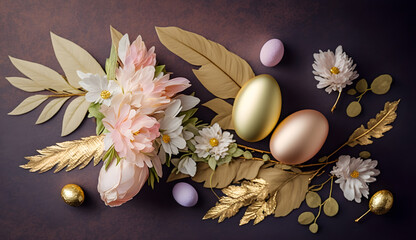 Obraz na płótnie Canvas Golden Easter eggs with flowers beautiful setting for design 