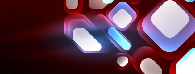 Neon lines, squares and round shapes abstract background. Techno glowing neon hexagon shapes vector illustration for wallpaper, banner, background, landing page, wall art, invitation, prints, posters