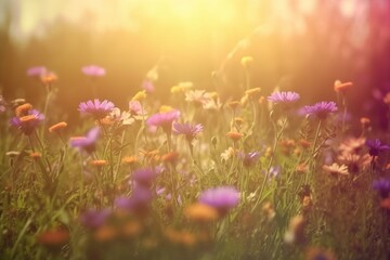 Obraz na płótnie Canvas Belo fundo colorido de flores naturais da primavera de verão na forma de um banner. Flores silvestres e dentes-de-leão amarelos em um dia ensolarado com belo bokeh