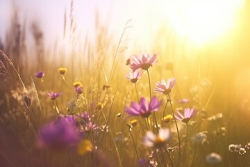 Obraz na płótnie Canvas Belo fundo colorido de flores naturais da primavera de verão na forma de um banner. Flores silvestres e dentes-de-leão amarelos em um dia ensolarado com belo bokeh