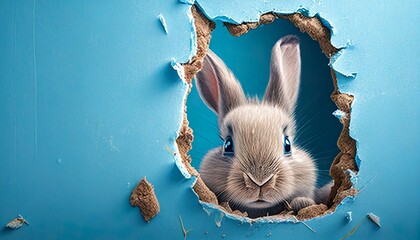A blue background with a rabbit looking through a hole in it.