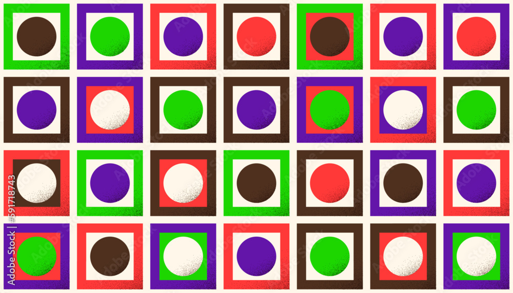 Aufkleber Brutal square and circles seamless pattern. Abstract brutalist background in Swiss or bauhaus style. Bold and bright geometric wallpaper with texture. Vector illustration 