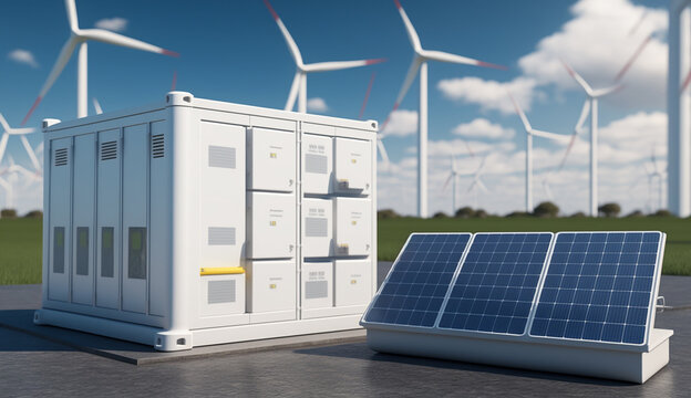 Conceptual image of a modern battery energy storage system with wind turbines and solar panel power plants Generative AI