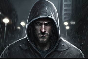 person standing in the rain wearing a hooded jacket. Generative AI
