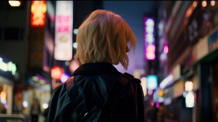 Obraz premium portrait of a short hair girl from behind looking at a city full of neon street light adverts, crowded at blurred background, neon red and blue colors, Japanese signs, generative ai