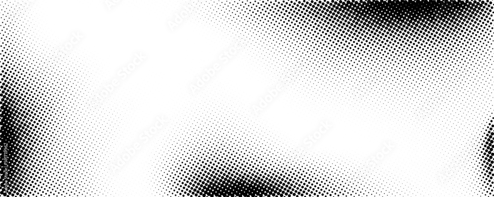 Wall mural Halftone faded gradient texture. Grunge halftone gritty background. White and black sand noise wallpaper. Retro pixilated vector backdrop - Wall murals
