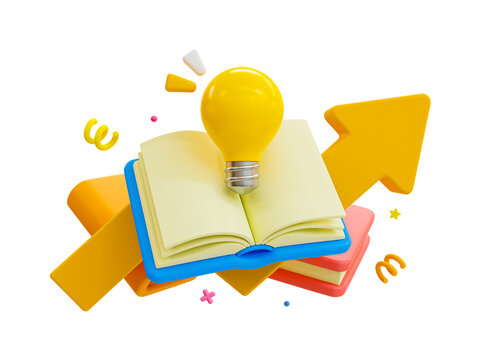 3d minimal self-development concept. self-learning concept. reading a book to get a new idea. knowledge seeking. textbook with a light bulb and rising arrow. 3d rendering illustration.