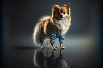 red and gol Pomeranian Chihuahua mix wearing relaxed fit blue jeans Surrealism Cinematic Full body Wide angle  - obrazy, fototapety, plakaty
