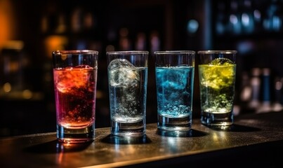 Colorful mixology, ice cubes, bar atmosphere