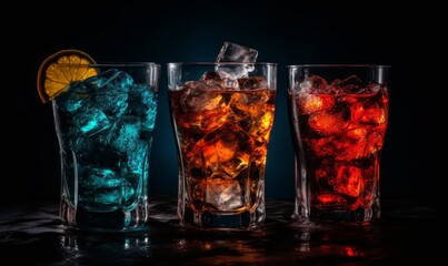 Colorful mixology, ice cubes, bar atmosphere