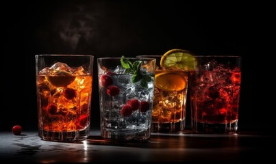 Colorful mixology, ice cubes, bar atmosphere