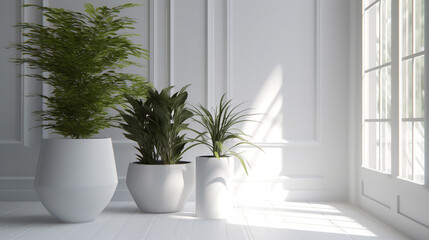 観葉植物と白壁が外光に照らされた美しい昼下がりの部屋