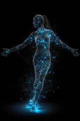 Obraz premium Sculpture of a beautiful girl in full growth from luminous small particles of stardust. AI generation