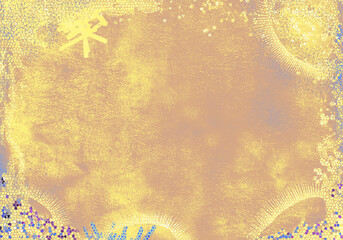 花盛りの庭和紙テクスチャにモザイクの抽象和風背景イラスト・青金色