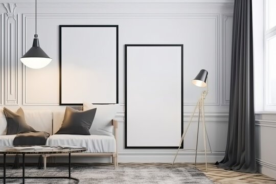Mockup of big blank poster frames hanging on the wall of living room, Interior design of a living room showcasing its luxurious ambiance with a sleek and monochromatic poster frame, generative AI