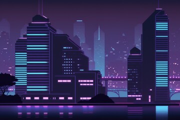 bustling cityscape at night with towering skyscrapers and a bridge in the background. Generative AI