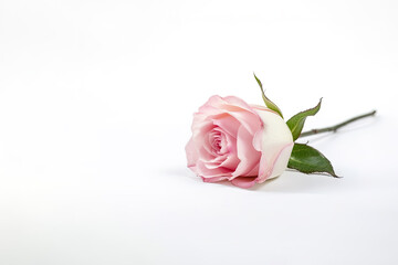 Beautiful pink rose as a symbol of love on white background with copy space. Created with Generative AI Technology