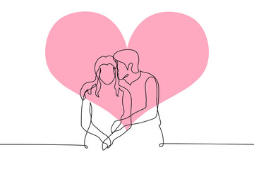 man kissing a woman on the head while sitting next to her and hugging her on the background of a big red pink heart - one line drawing vector. date concept, valentine's day