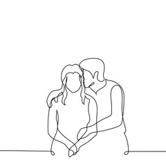 man kissing a woman on the head while sitting next to her and hugging her - one line drawing vector. heterosexual couple in love concept