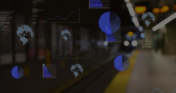 Animation of data processing and spinning globe against blurred view of train arriving at a station