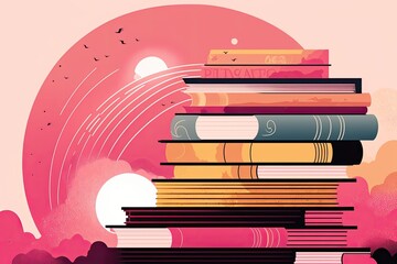 tall stack of books with colorful spines and a reading lamp beside it. Generative AI