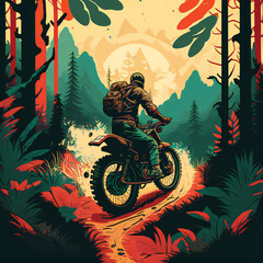 man riding motobike in jungle illustration created with Generative AI technology