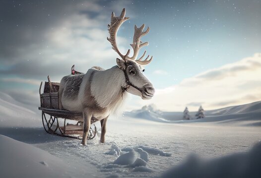 Beautiful and cute Christmas baby reindeer in a realistic snow landscape with a sleigh. Generative AI