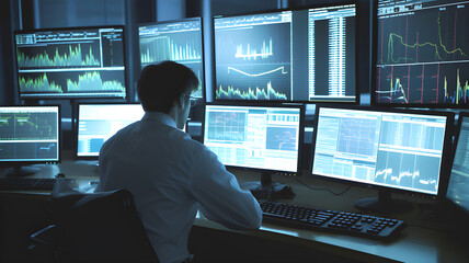 A stockbroker monitors multiple screens that show him the latest market trends and data. Generative AI.