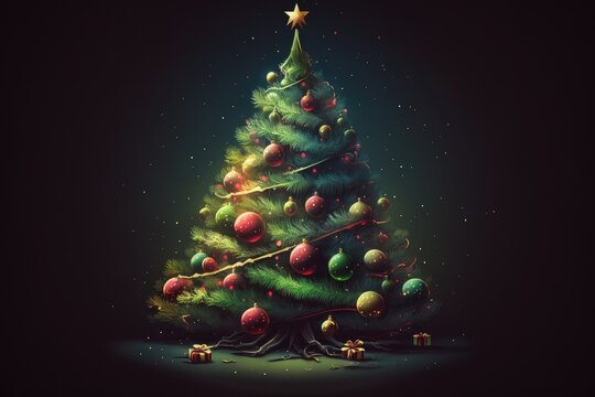 colorful Christmas tree with ornaments and a shining star on top. Generative AI