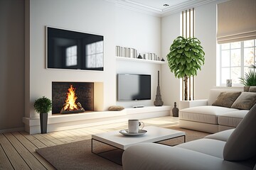 Cozy Living Room with a Fireplace and TV. Generative AI