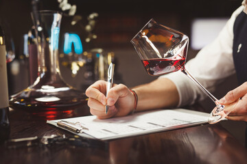 Obraz premium Faceless person hands hold stem glass with red wine.