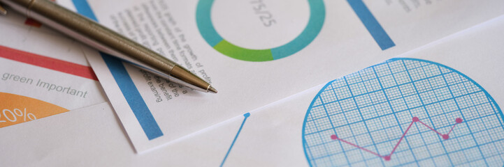 Metal pen on documents with colourful charts, graphs and diagrams