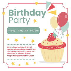 Birthday party invitation template. Delicious cupcakes, balloons, and stars. Dessert vector illustration design