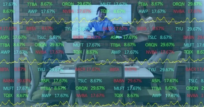 Animation of stock market data processing over diverse colleagues having video conference at office