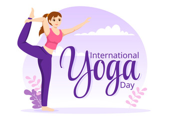 International Yoga Day Illustration on June 21 with Woman Doing Body Posture Practice or Meditation in Healthcare Flat Cartoon Hand Drawn Templates