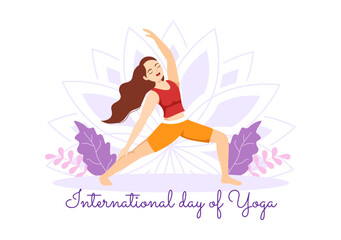 International Yoga Day Illustration on June 21 with Woman Doing Body Posture Practice or Meditation in Healthcare Flat Cartoon Hand Drawn Templates