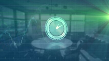 Animation of neon ticking clock, financial data processing and green light spot against empty office - Powered by Adobe