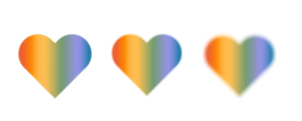 Blurry rainbow colored heart aura aesthetic element. Queer gay love symbol in trendy y2k style design template. Modern minimalist blurred gradient hearts for social media or logo. Vector set.