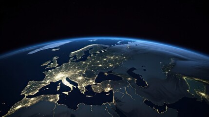 Europe at night viewed from space with city lights showing human activity in Germany, France, Spain, Italy and other countries. Generative AI.