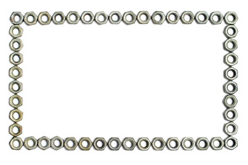 Frame of iron nuts on a white background. Horizontal straight-angled frame of nuts.