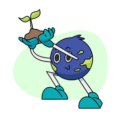 Vintage happy cute Earth planet character mascot holding a small plant. Vector illustration