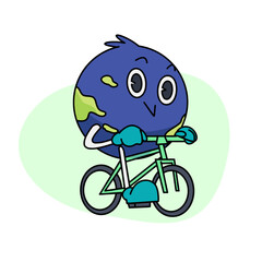 Vintage happy cute Earth planet character mascot cycling. Vector illustration