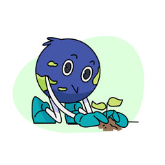 Vintage happy cute Earth planet character mascot is planting a plant. Vector illustration