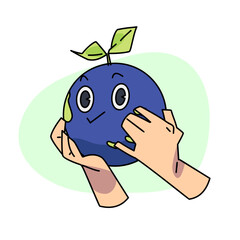 Vintage happy cute Earth planet character mascot being held in high esteem by hand. Vector illustration