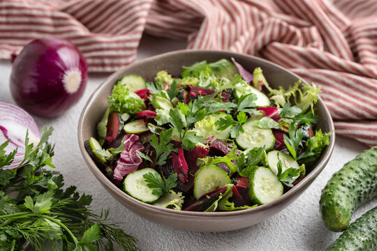 Cucumber and beetroot salad in a bowl