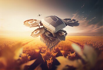 Fototapeta na wymiar Generative Illustration AI of a solar-powered drone performing control flight over a farm of the future in a field of vegetables and cereals. Generative AI